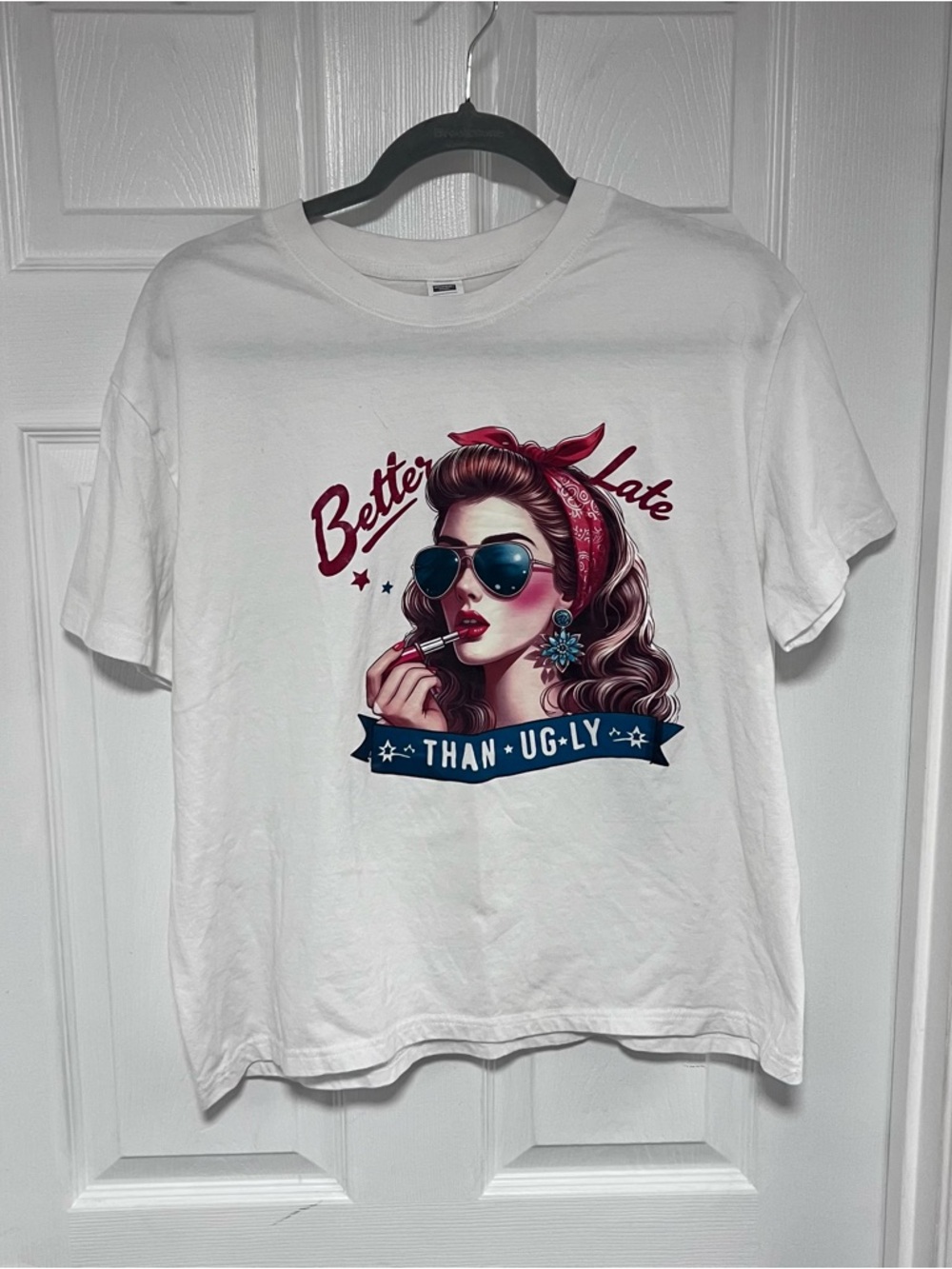 Graphic 'Better Late Than Ugly' White Tee with Retro Pin-Up Size L 100% Cotton